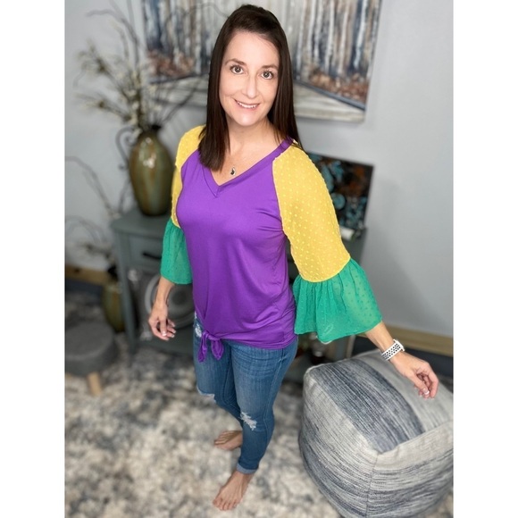 Mardi Gras Color Block Swiss Dot Flutter Bell Sleeves V Neck Tie Bottom 0724 - Picture 17 of 17